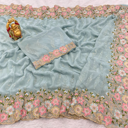 Georgette Pista Party Wear Sequins Work Saree - ANIBEY