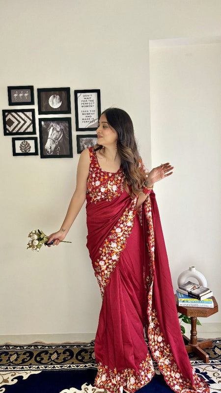 Women's Ethnic Designer Vichitra Silk Saree With Embroidery Blouse Piece - ANIBEY