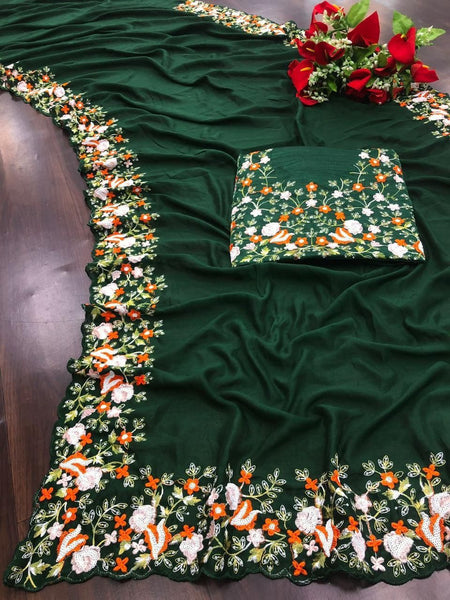 Women's Ethnic Designer Vichitra Silk Saree With Embroidery Blouse Piece - ANIBEY