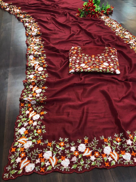 Women's Ethnic Designer Vichitra Silk Saree With Embroidery Blouse Piece - ANIBEY