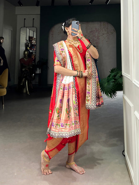 Pink Maharashtrian Bride Saree With Zari Weaving and Orange - ANIBEY