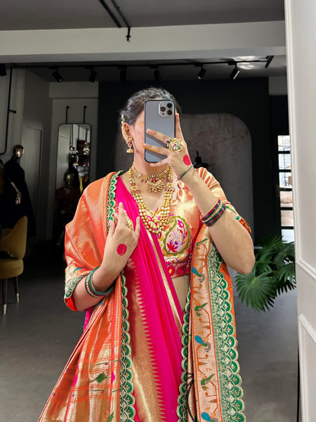 Pink Maharashtrian Bride Saree With Zari Weaving and Orange - ANIBEY