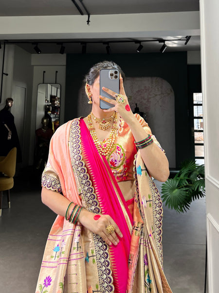Pink Maharashtrian Bride Saree With Zari Weaving and Orange - ANIBEY