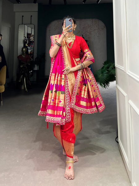 Pink Maharashtrian Bride Saree With Zari Weaving and Orange - ANIBEY