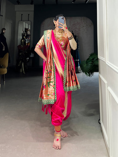 Pink Maharashtrian Bride Saree With Zari Weaving and Orange - ANIBEY