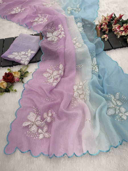 Women's Shimmer Chiffon Sequence Embroidery Saree With Unstitched Blouse Piece - ANIBEY
