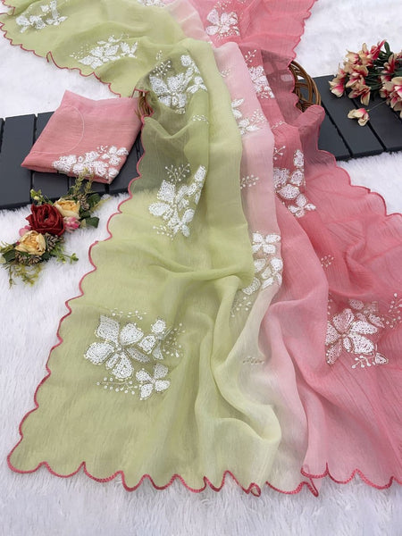 Women's Shimmer Chiffon Sequence Embroidery Saree With Unstitched Blouse Piece - ANIBEY