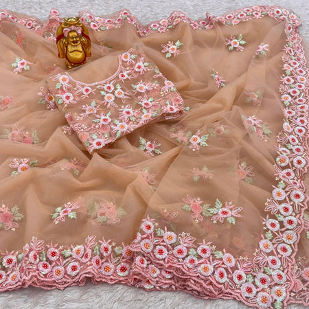 Premium Soft Net Saree Ready to Wear With Pearl and Sequin Embroidery All Over - ANIBEY