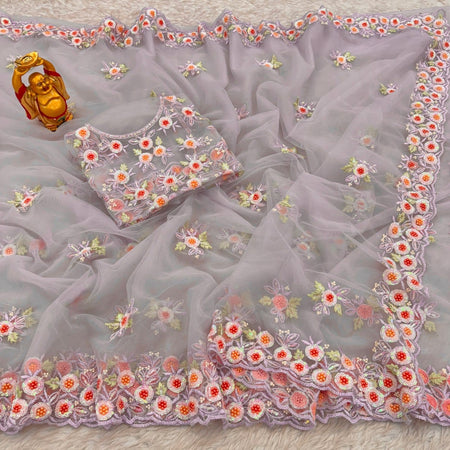 Premium Soft Net Saree Ready to Wear With Pearl and Sequin Embroidery All Over - ANIBEY