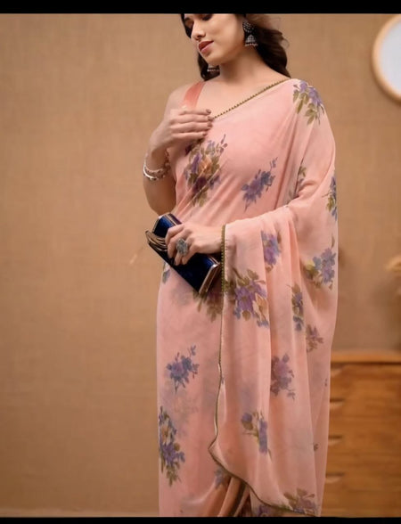 Satya Paul Linen Pink Peach Printed Silk Saree for Women - ANIBEY