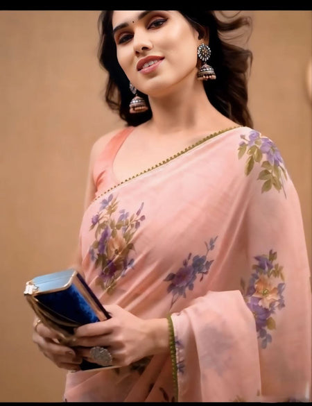 Satya Paul Linen Pink Peach Printed Silk Saree for Women - ANIBEY