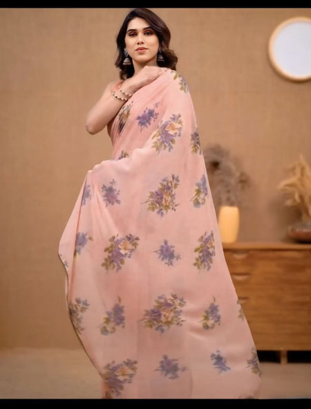 Satya Paul Linen Pink Peach Printed Silk Saree for Women - ANIBEY