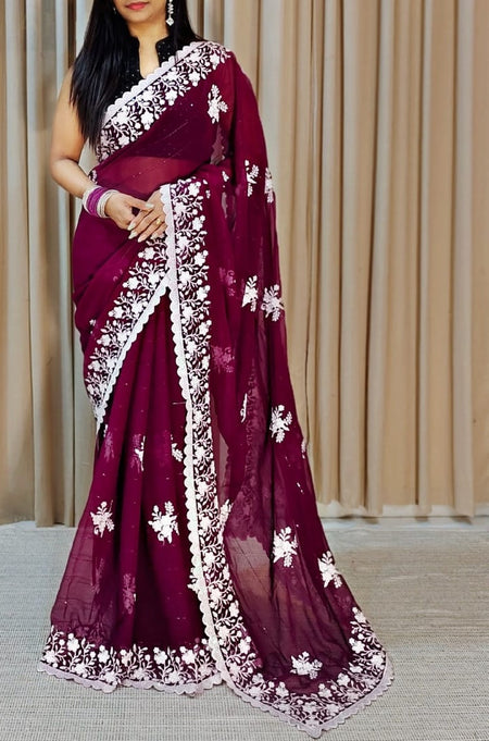 Women's Georgette Embellished Saree With Unstitched Blouse Piece - ANIBEY