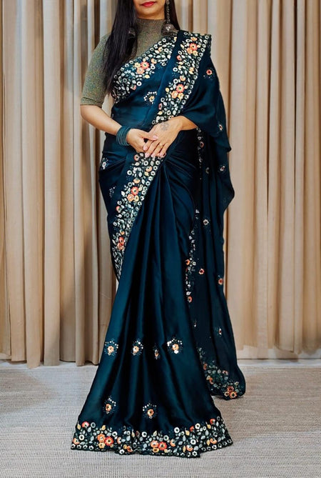 Women's Multicolor Chiffon Embroidered Saree With Unstitched Blouse Piece - ANIBEY