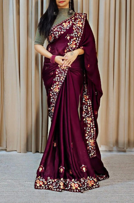 Women's Multicolor Chiffon Embroidered Saree With Unstitched Blouse Piece - ANIBEY