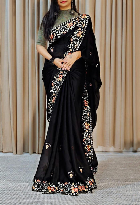 Women's Multicolor Chiffon Embroidered Saree With Unstitched Blouse Piece - ANIBEY