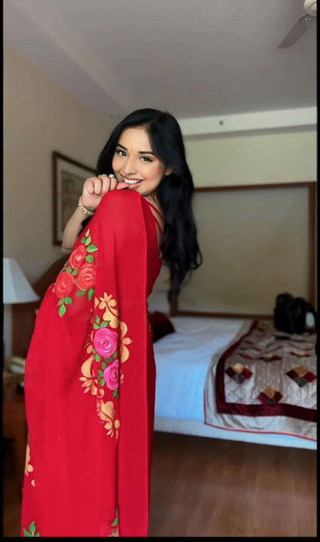 WOMEN'S PURE GEORGETT READY TO WEAR SAREE WITH FANCY BLOUSE - ANIBEY