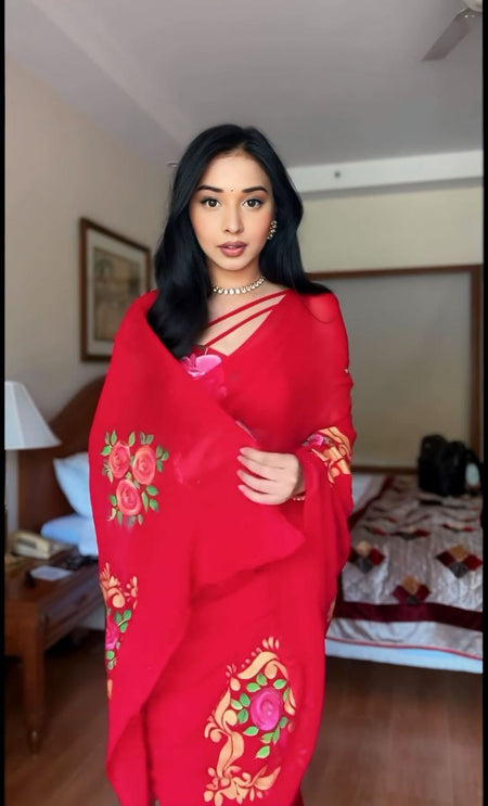 WOMEN'S PURE GEORGETT READY TO WEAR SAREE WITH FANCY BLOUSE - ANIBEY