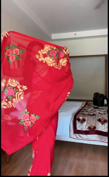 WOMEN'S PURE GEORGETT READY TO WEAR SAREE WITH FANCY BLOUSE - ANIBEY