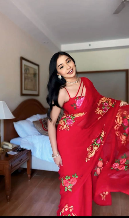 WOMEN'S PURE GEORGETT READY TO WEAR SAREE WITH FANCY BLOUSE - ANIBEY