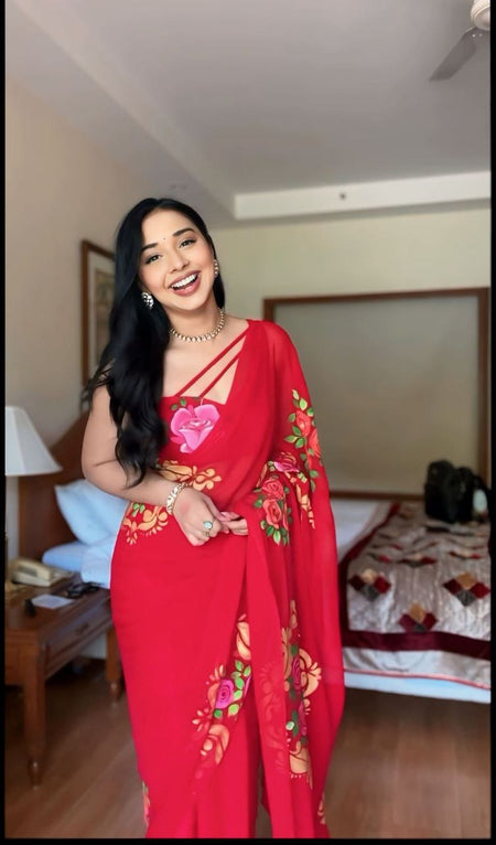 WOMEN'S PURE GEORGETT READY TO WEAR SAREE WITH FANCY BLOUSE - ANIBEY