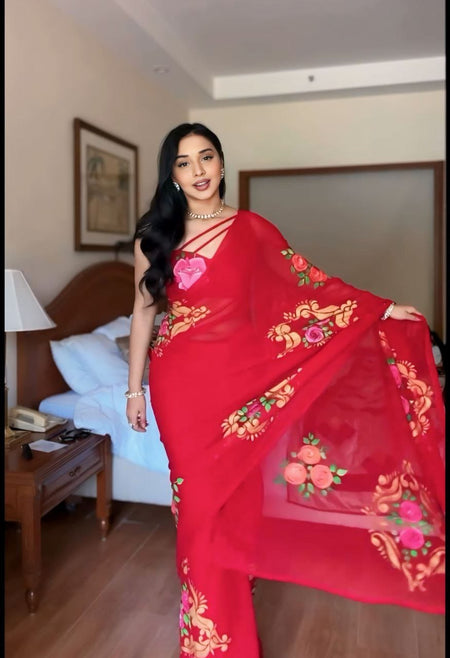 WOMEN'S PURE GEORGETT READY TO WEAR SAREE WITH FANCY BLOUSE - ANIBEY