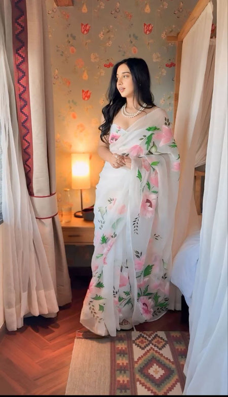 WOMEN'S PURE GEORGETT READY TO WEAR SAREE WITH - ANIBEY