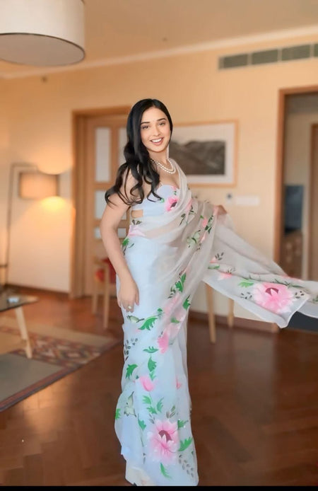WOMEN'S PURE GEORGETT READY TO WEAR SAREE WITH - ANIBEY