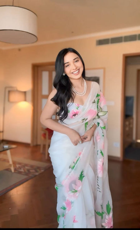 WOMEN'S PURE GEORGETT READY TO WEAR SAREE WITH - ANIBEY