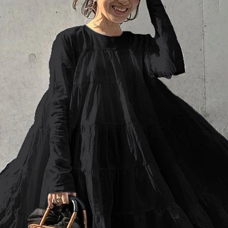 Women's Irregular Loose Long-sleeved Shirt Round Neck Dress - ANIBEY