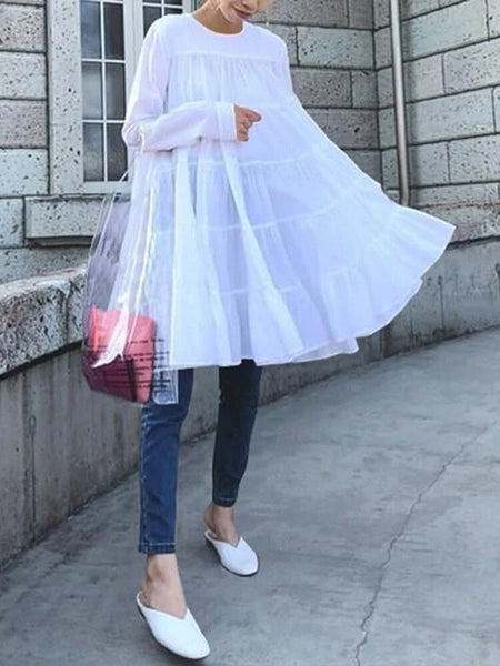 Women's Irregular Loose Long-sleeved Shirt Round Neck Dress - ANIBEY