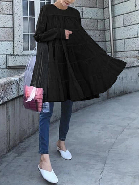 Women's Irregular Loose Long-sleeved Shirt Round Neck Dress - ANIBEY