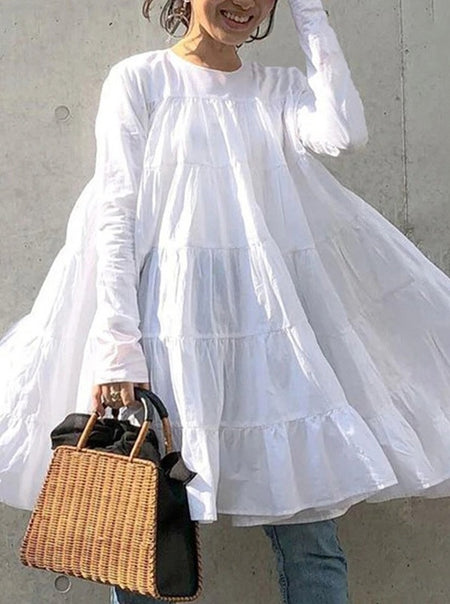 Women's Irregular Loose Long-sleeved Shirt Round Neck Dress - ANIBEY
