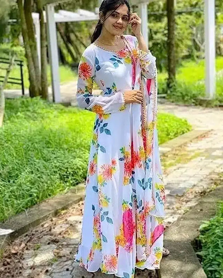 Georgette Printed Gown with Dupatta For Women (White & Pink, M) - ANIBEY