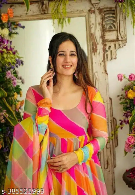 Georgette Printed Gown with Dupatta for Women (Multicolor, S) - ANIBEY