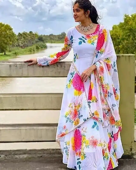 Georgette Printed Gown with Dupatta For Women (White & Pink, M) - ANIBEY
