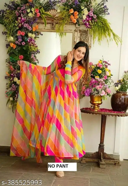 Georgette Printed Gown with Dupatta for Women (Multicolor, S) - ANIBEY