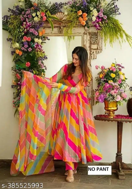 Georgette Printed Gown with Dupatta for Women (Multicolor, S) - ANIBEY