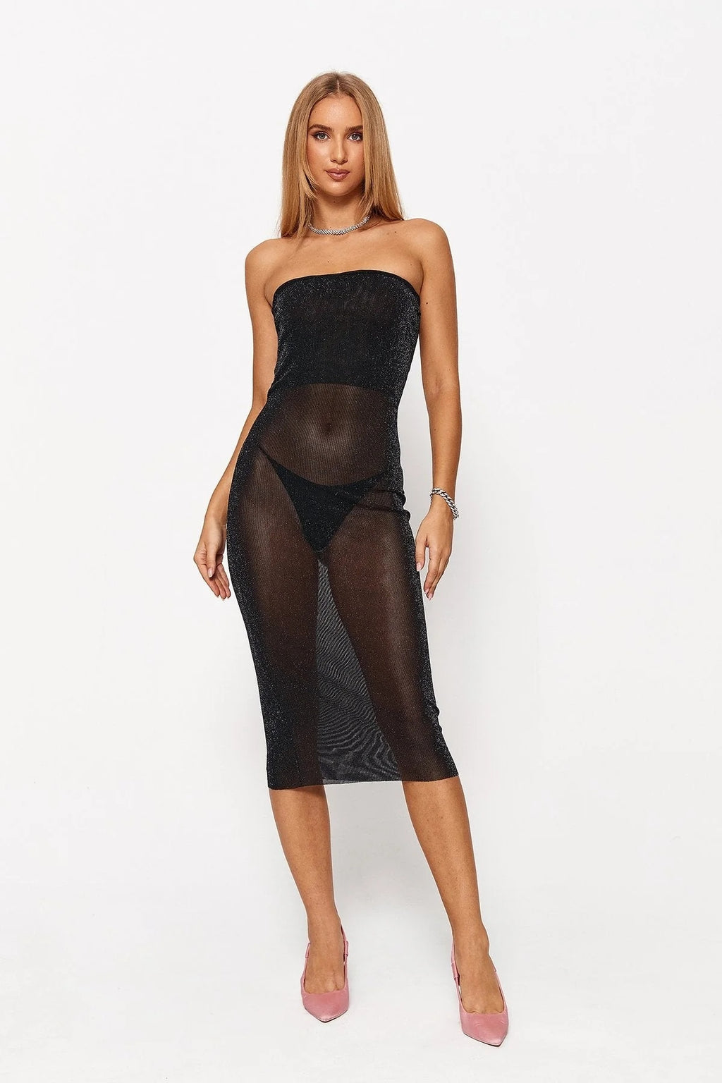 Women's Low -cut Clean Color Mesh Tube Top Dress