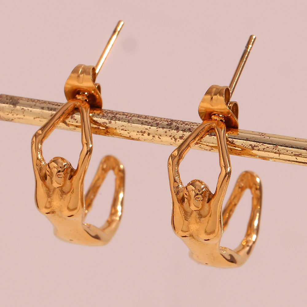 Cool Creative Titanium Stainless Steel 18K Gold Plated Niche Cast Humanoid Stud Earrings - ANIBEY