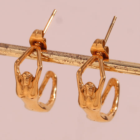 Cool Creative Titanium Stainless Steel 18K Gold Plated Niche Cast Humanoid Stud Earrings - ANIBEY