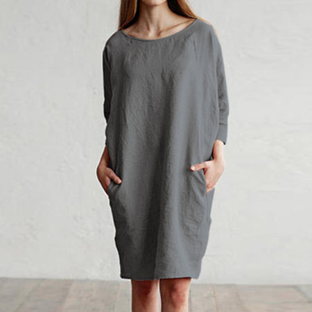 Cotton and linen stitching round neck pocket dress - ANIBEY