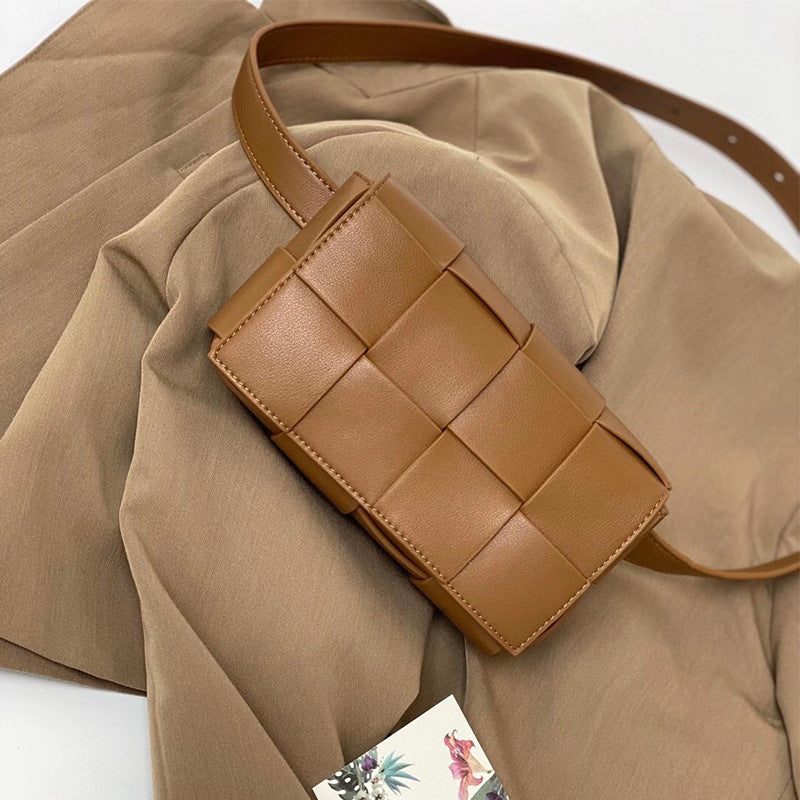 Belt Cassette Weave Leather Flap Bag Women Fashion Small Box Shoulder Bag Genuine Leather Chest Bag Ladies Waist Phone Bag - ANIBEY