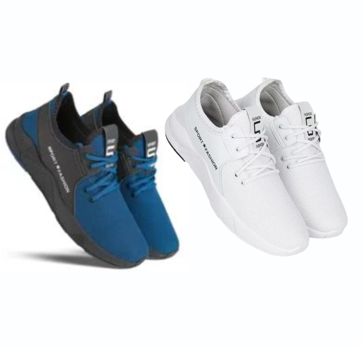 Sports Shoes for Men (Pack of 2) (White & Blue, 6) - ANIBEY