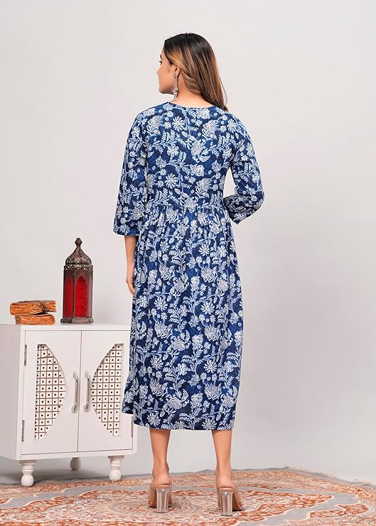 Anarkali Poly Crepe Printed Kurti For Women (Grey & Blue, M) - ANIBEY