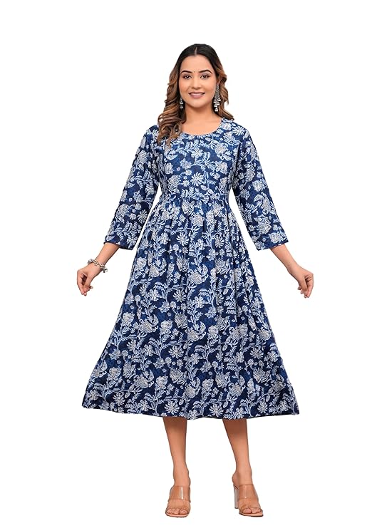 Anarkali Poly Crepe Printed Kurti For Women (Grey & Blue, M) - ANIBEY