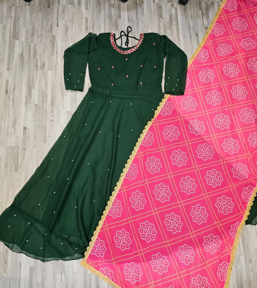 Women'S Solid Georgette Gown Kurta With Dupatta, Long Kurti Ethnic Dress Set For All Occasions - ANIBEY
