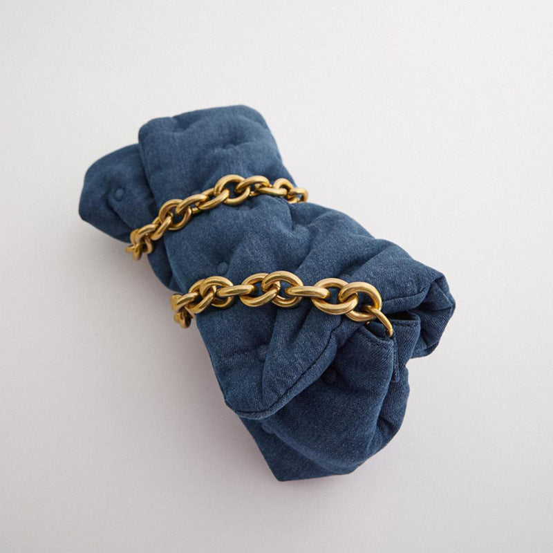 Blue oversized denim quilted shoulder messenger bag chain bag - ANIBEY