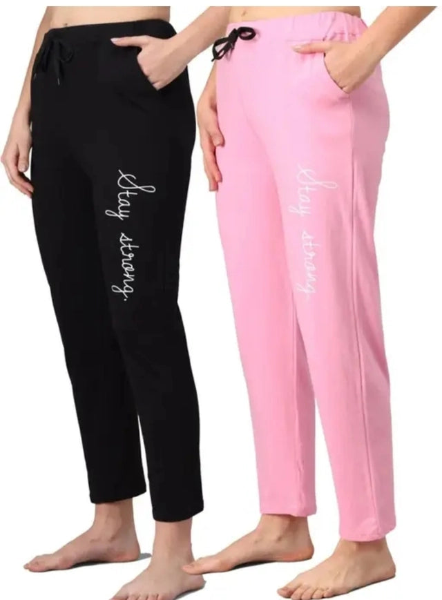 Cotton Blend Straight Fit Trouser for Women (Black & Pink, M) (Pack of 2) - ANIBEY