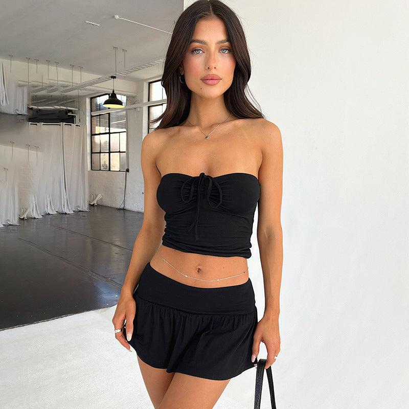 Women's Suits Summer Sleeveless Tube Top And Pleating Mid-length Dress Set